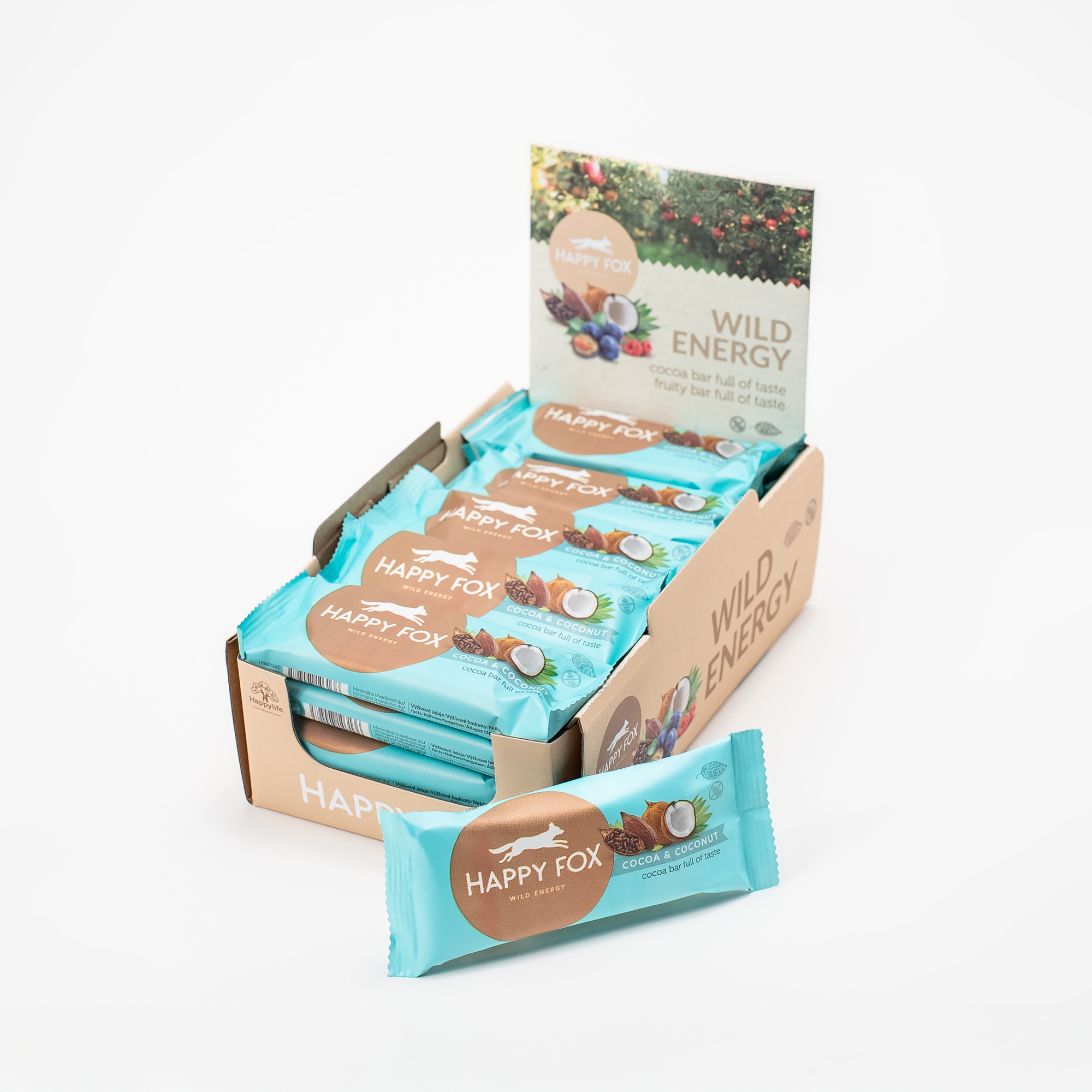 DISPLAY BOX (20ks): HAPPY FOX - Kakaová tyčinka s kokosom 50g – Obrázok 2